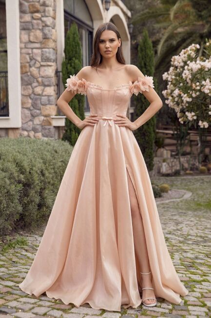 Somon Straplez Göğsü Taşlı Düşük Kol Kollar Çiçekli Abiye Elbise 71 - 2