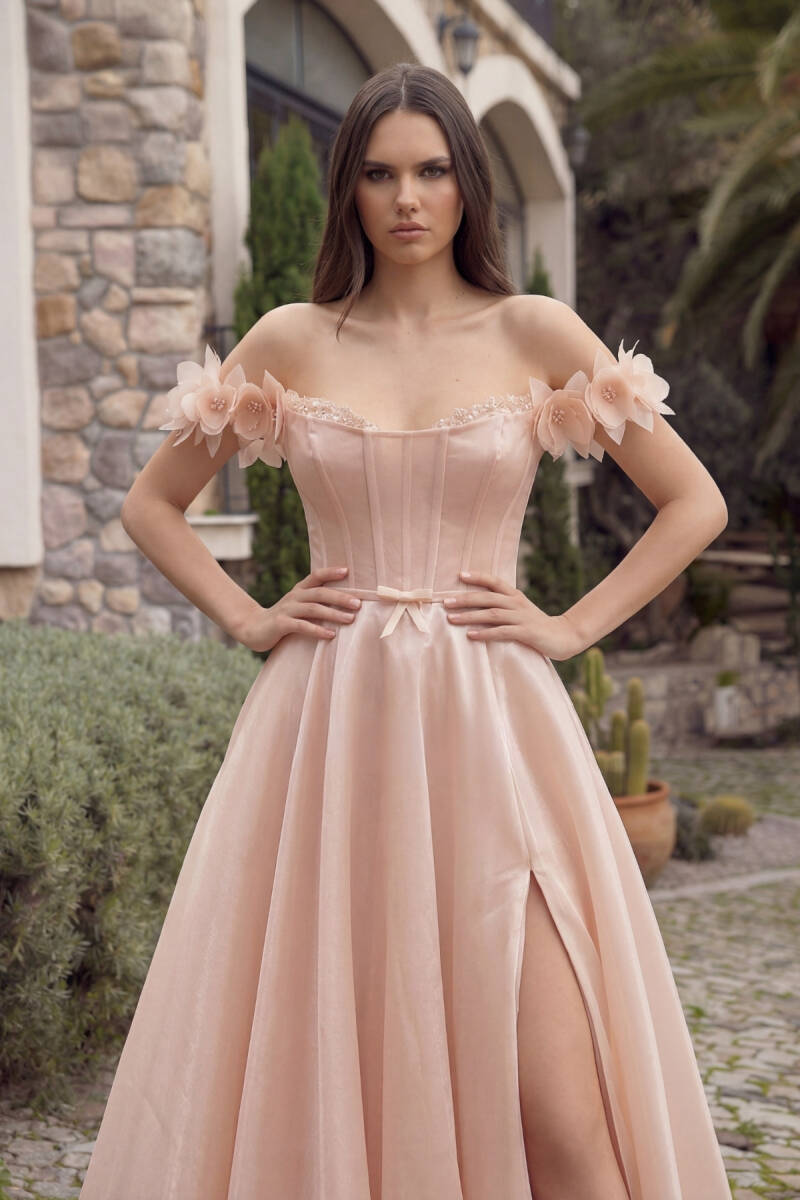 Somon Straplez Göğsü Taşlı Düşük Kol Kollar Çiçekli Abiye Elbise 71 - 3