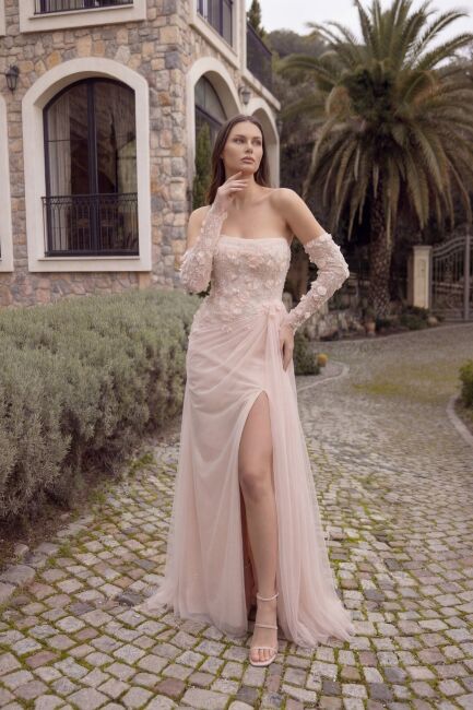 Somon Straplez Göğüs Drapeli Üç Boyutlu Çiçekli Abiye Elbise 34 - 1