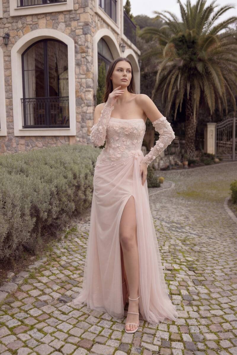 Somon Straplez Göğüs Drapeli Üç Boyutlu Çiçekli Abiye Elbise 34 - 1