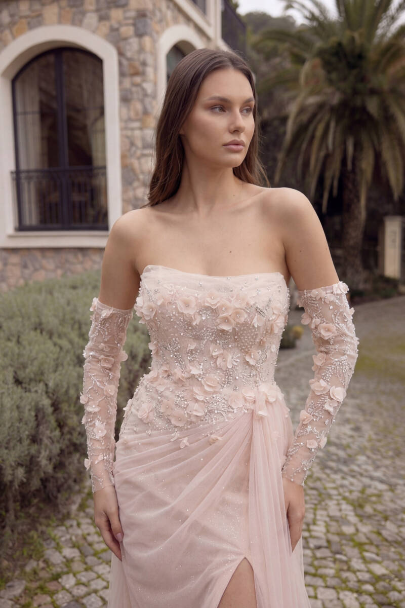 Somon Straplez Göğüs Drapeli Üç Boyutlu Çiçekli Abiye Elbise 34 - 2