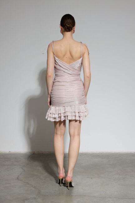 Taş İp Askı Drapeli Eteği Volanlı Mini Abiye Elbise 18 - 5