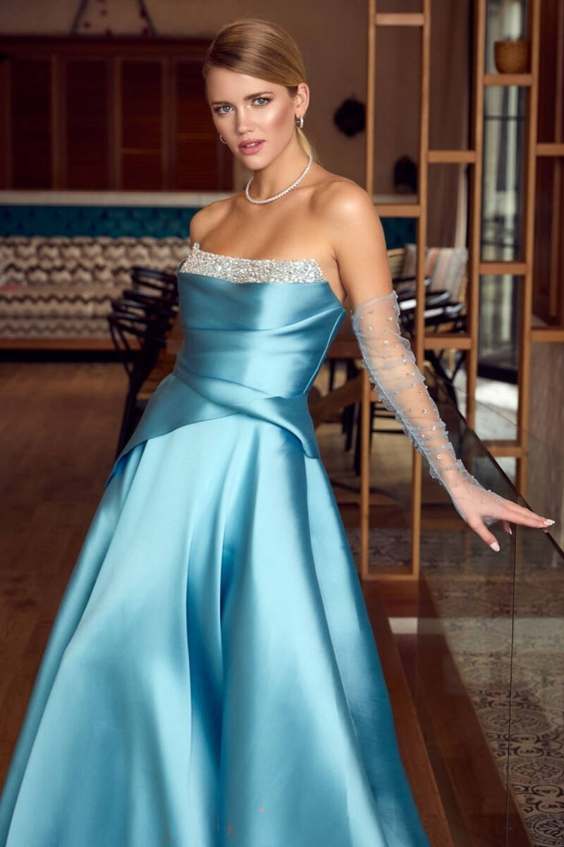 Turkuaz Straplez Göğsü Taşlı Eldivenli Kloş Abiye Elbise 34 - 2