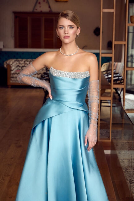 Turkuaz Straplez Göğsü Taşlı Eldivenli Kloş Abiye Elbise 34 - 3