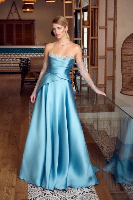 Turkuaz Straplez Göğsü Taşlı Eldivenli Kloş Abiye Elbise 34 - ÖMÜR İNN