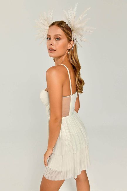 White Bright Fabric Heart Collar Skirt Pleated Mini Evening Dress 72 - 3