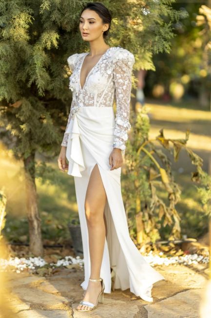 White deep V Back low -cut slit long sleeve evening dress 34 - 1