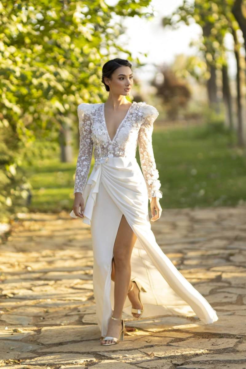White Deep V Backless Slit Long Sleeve Evening Dress 34 - 2