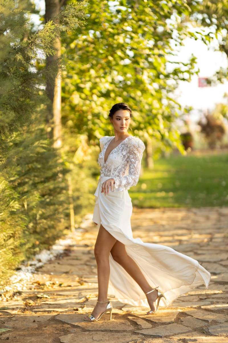 White Deep V Backless Slit Long Sleeve Evening Dress 34 - 5