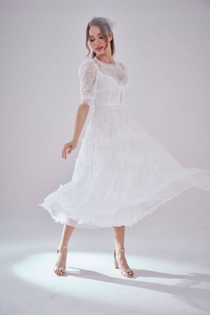 White Half Arm Lace Midi Dress - 2