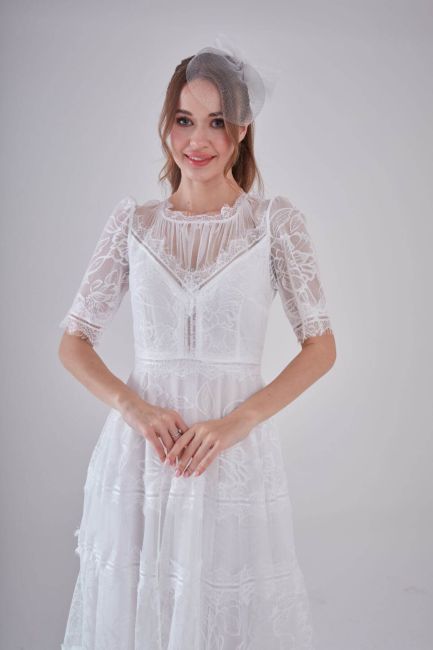 White Half Arm Lace Midi Dress - 3