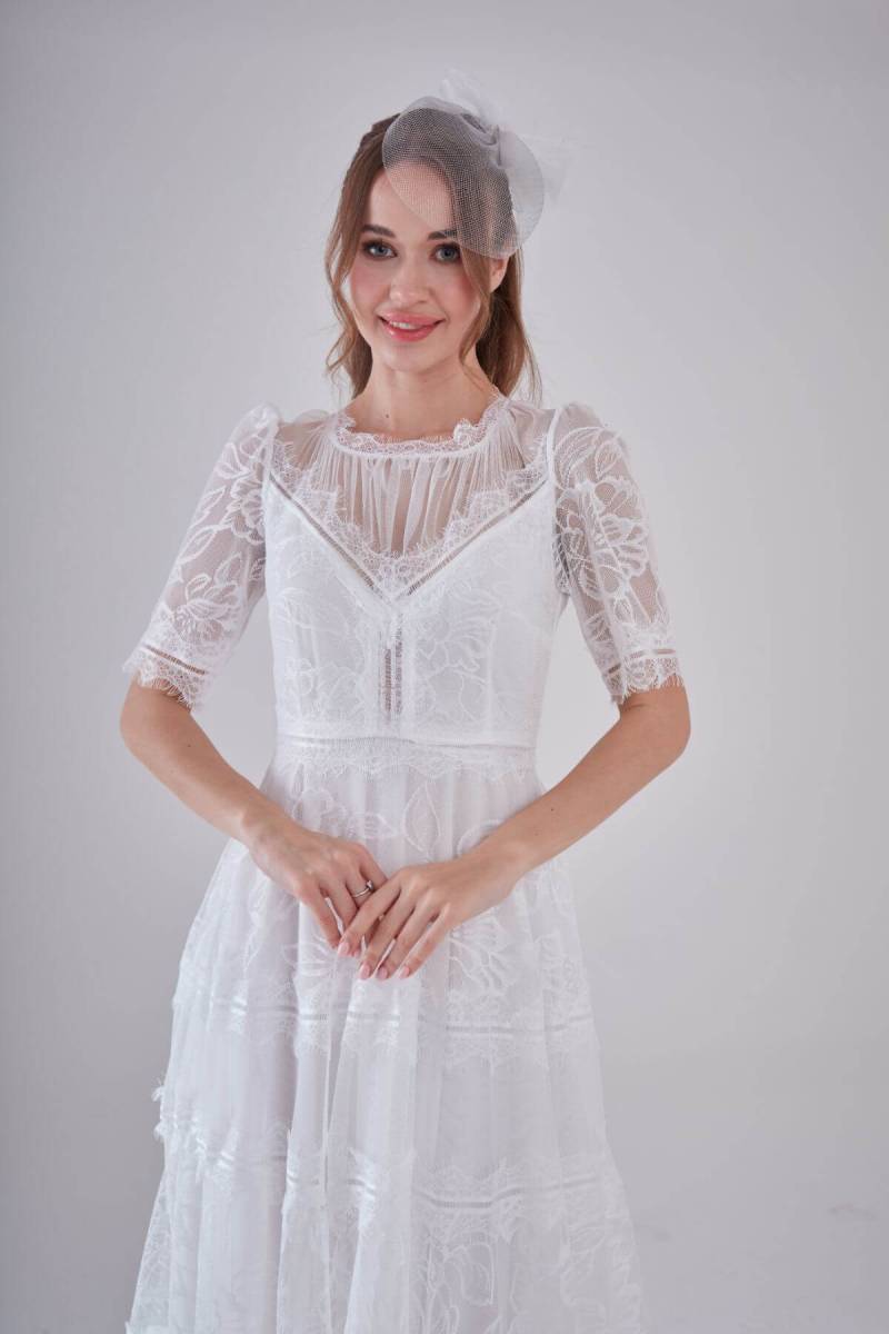White Half Arm Lace Midi Dress - 3