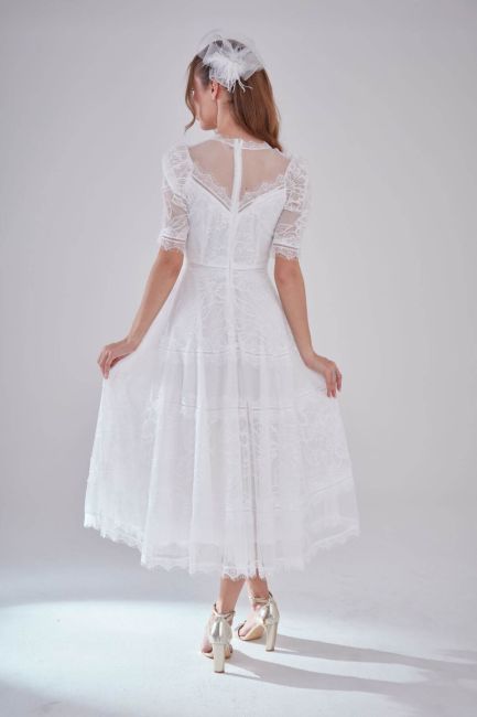 White Half Arm Lace Midi Dress - 4