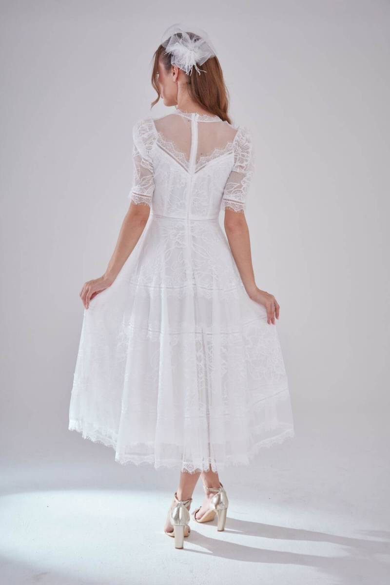 White Half Arm Lace Midi Dress - 4