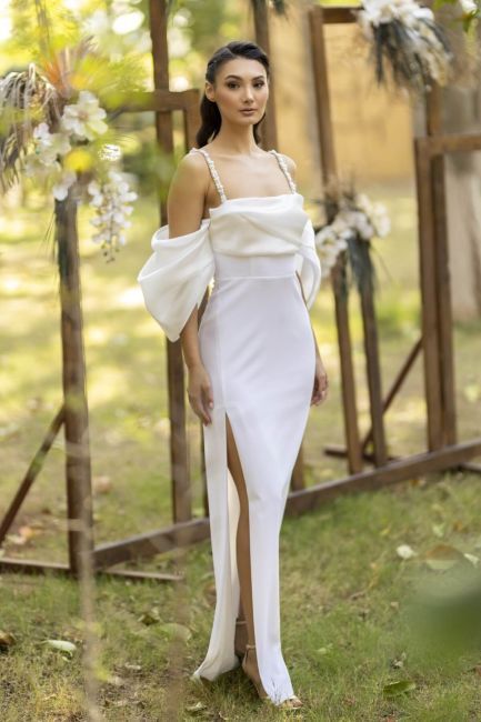 White pearl stone strap balloon sleeve pancake evening dresses 32 - 1