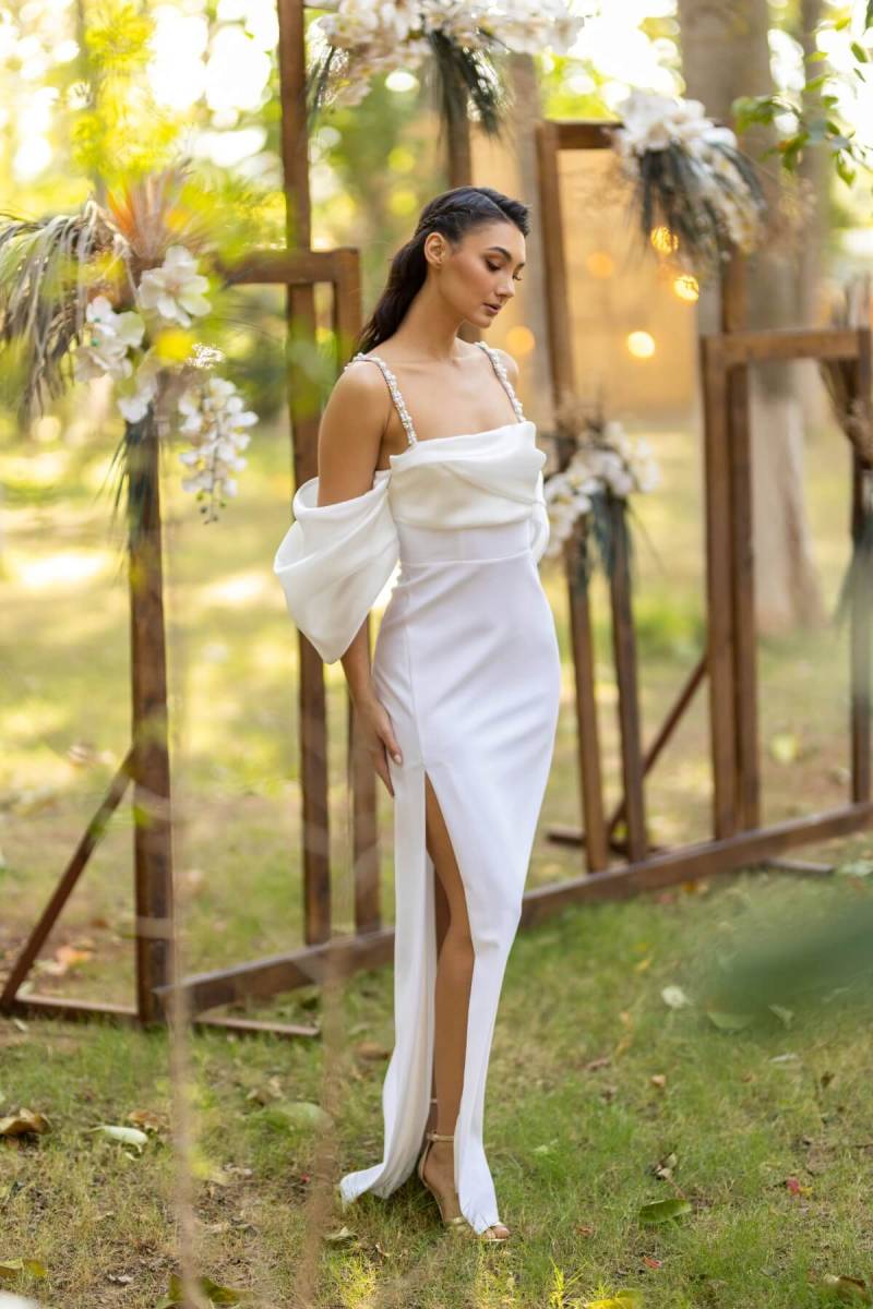 White pearl stone strap balloon sleeve pancake evening dresses 32 - 3