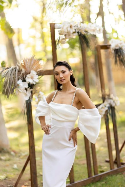 White pearl stone strap balloon sleeve pancake evening dresses 32 - 4