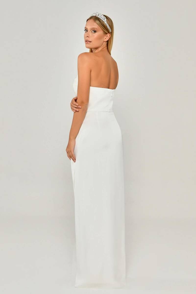 White pointed collar drapel slit satin dress 04 - 5