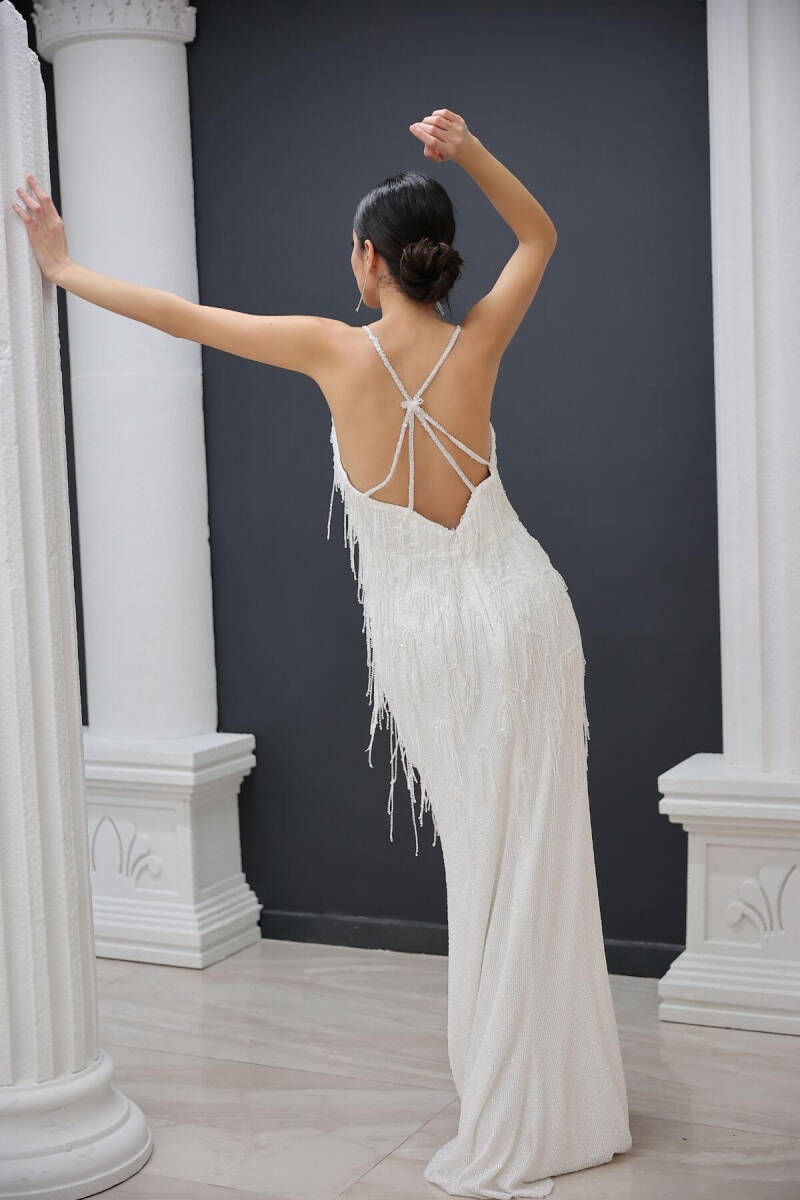 White rope hanger back detailed Sarkancalı Sequined Fish Evening Dress 52 - 3