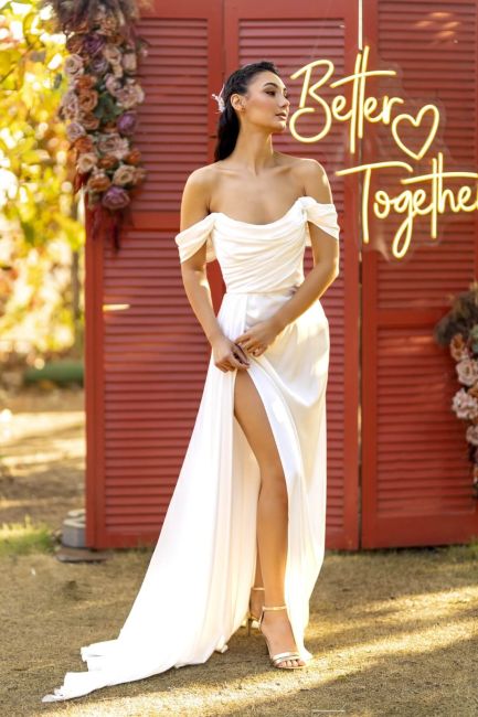 White strapless Degage Low Sleeve Slit Evening Dress 