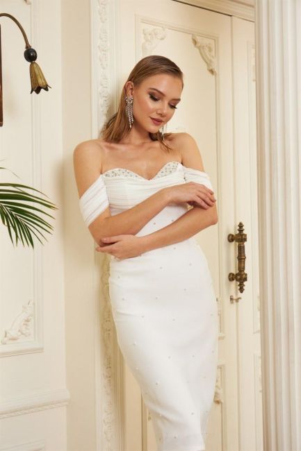 White strapless low arm collar pearl Drape short evening dress dress 16 - 2