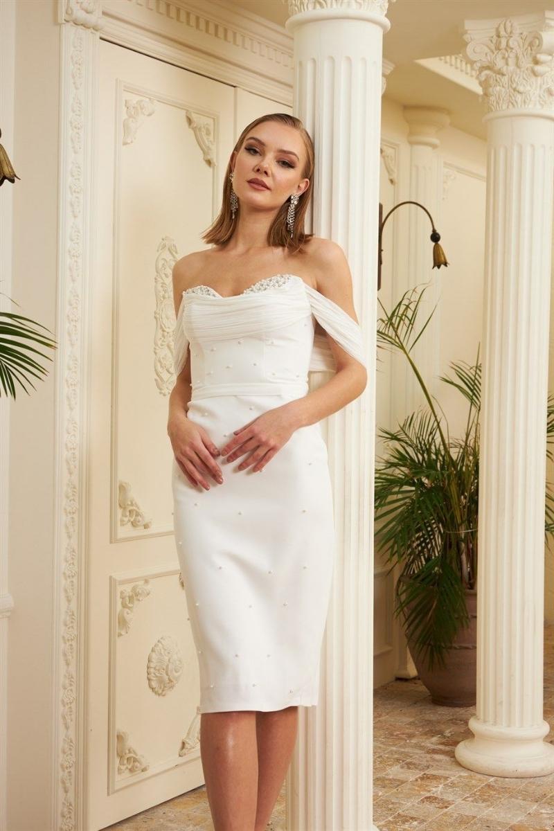White strapless low arm collar pearl Drape short evening dress dress 16 - 3