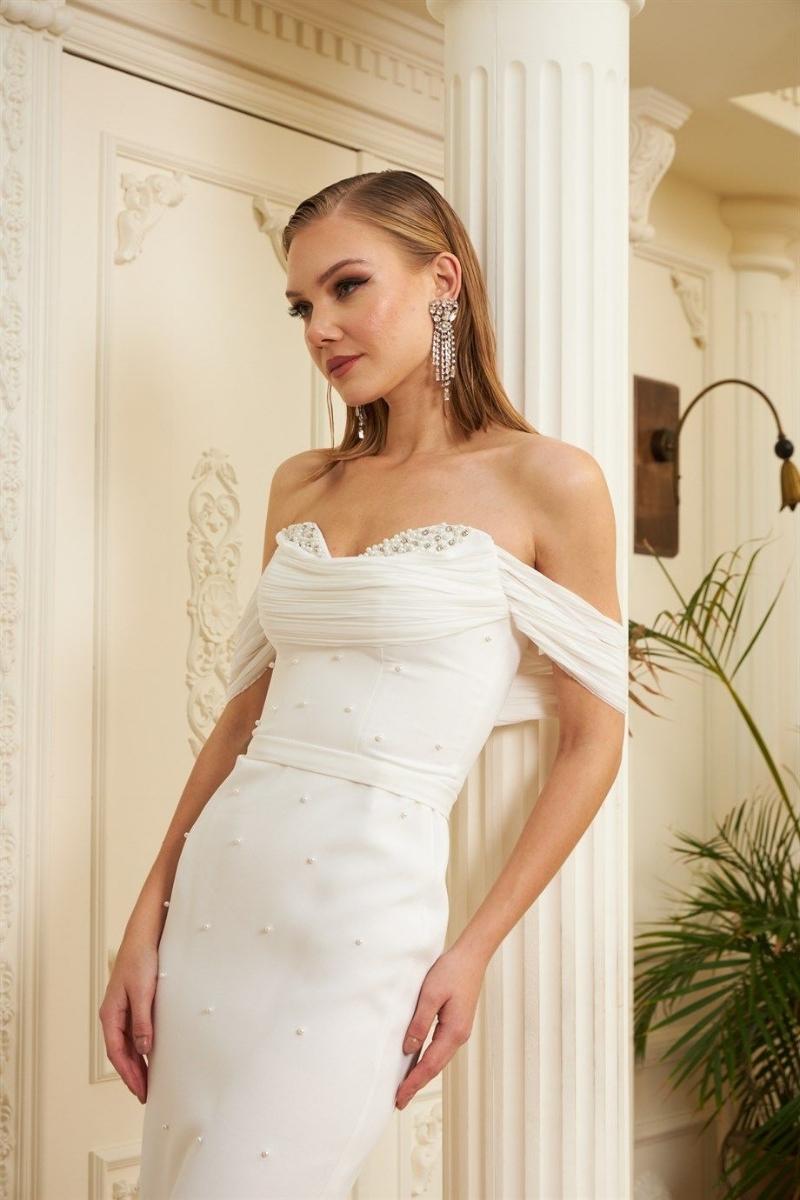 White strapless low arm collar pearl Drape short evening dress dress 16 - 5