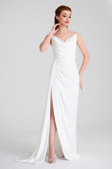 White Strapless Silk Satin Dress with Slip Slit Dress - 1