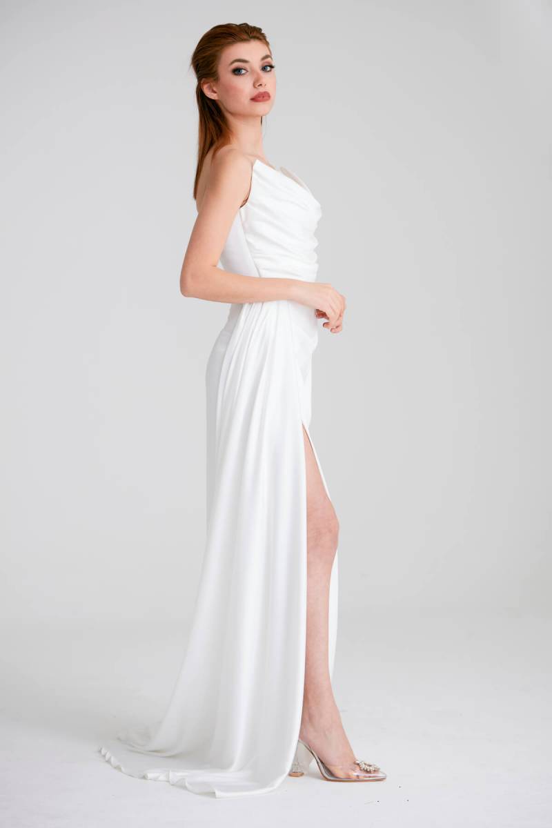 White Strapless Silk Satin Dress with Slip Slit Dress - 2
