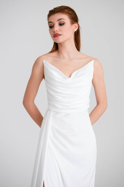 White Strapless Silk Satin Dress with Slip Slit Dress - 3