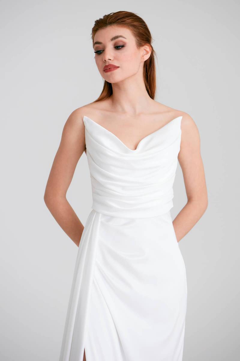 White Strapless Silk Satin Dress with Slip Slit Dress - 3