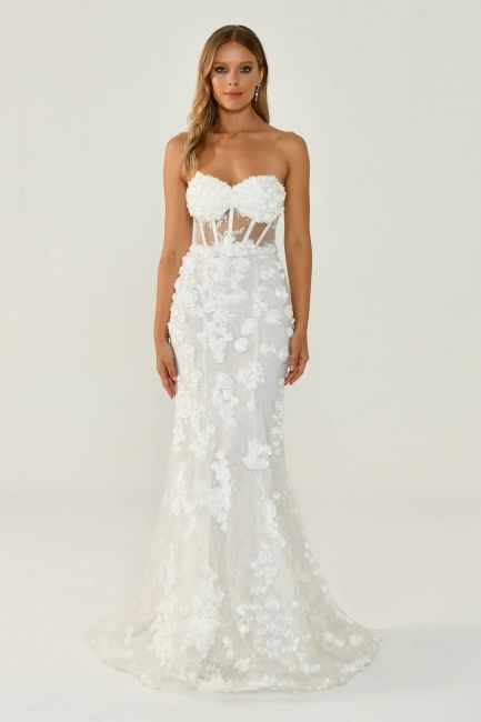 White strapless waist transparent applique evening dress 41 