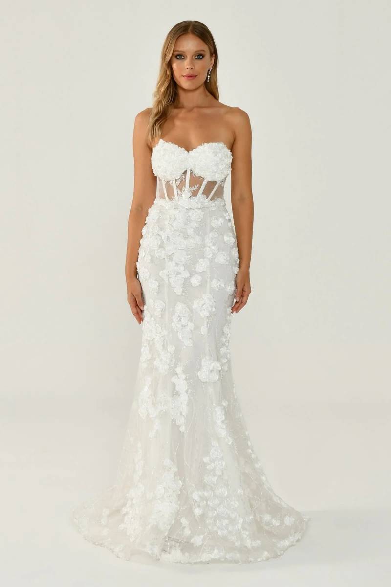 White strapless waist transparent applique evening dress 41 - 1