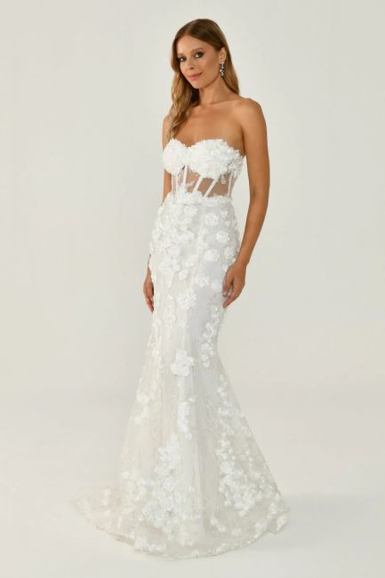 White strapless waist transparent applique evening dress 41 - 2