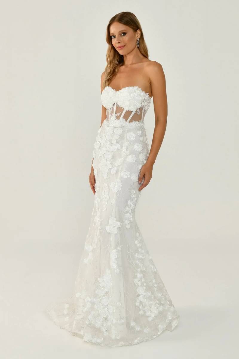 White strapless waist transparent applique evening dress 41 - 2