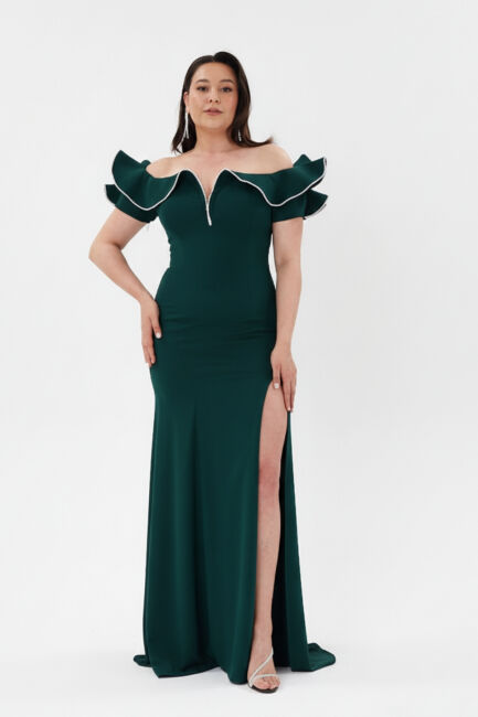 Yeşil Kayık Yaka Volanlı Taşlı Yırtmaçlı Abiye Elbise 79 - ŞEREF VURAL