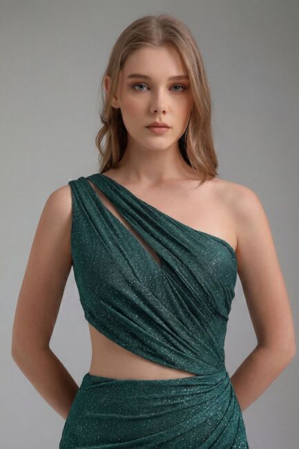 Yeşil Tek Omuz Simli Yırtmaçlı Abiye Elbise 27 - 2
