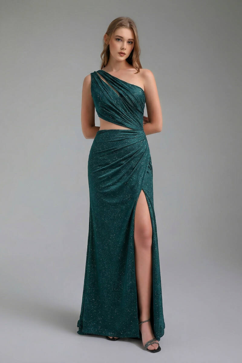 Yeşil Tek Omuz Simli Yırtmaçlı Abiye Elbise 27 - 1