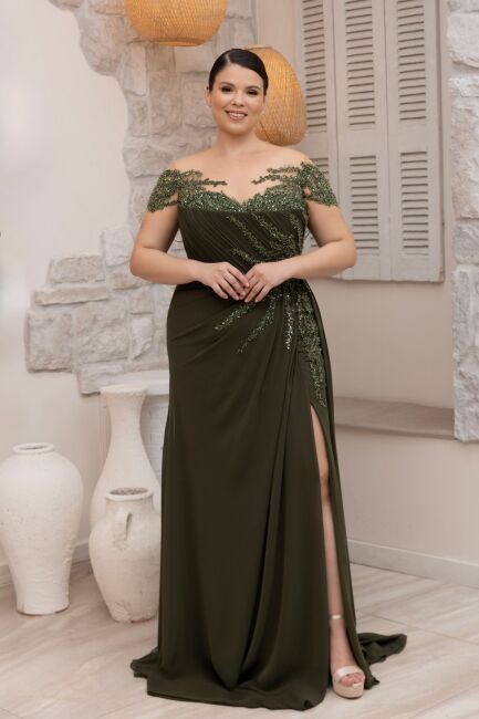 Zeytin Gebiyerli Güpür Ve İşlemeli Eldivenli Büyük Beden Abiye 54 - ÖMÜR İNN